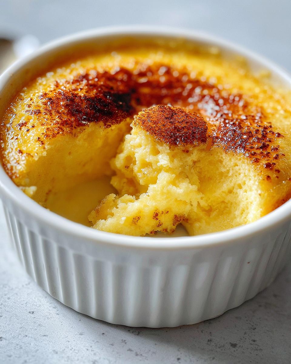 Close-up of a creamy, golden egg custard in a white ramekin with a slightly caramelized top.