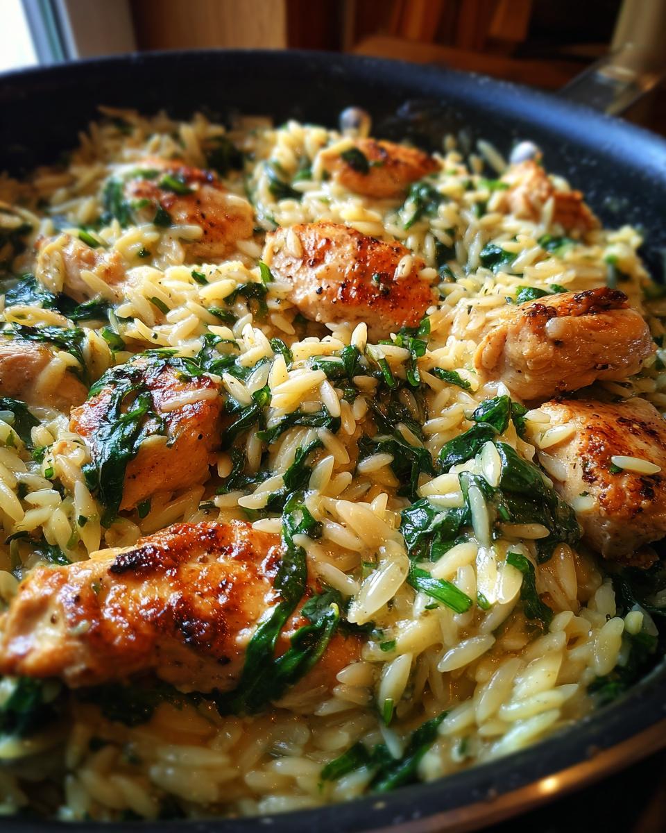Close-up of pan-seared chicken pieces mixed into creamy lemon chicken orzo with wilted spinach.