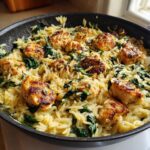 Close-up of pan-seared chicken pieces served over creamy lemon chicken orzo pasta mixed with dark green spinach.