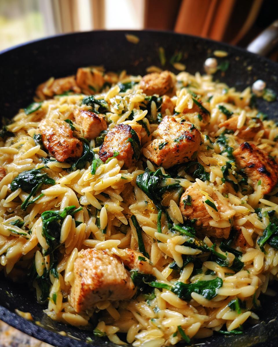 Close-up of creamy lemon chicken orzo mixed with wilted spinach and browned chicken pieces in a skillet.