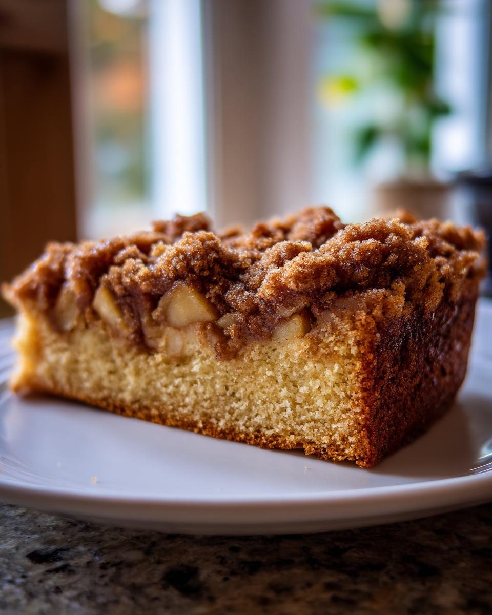 Close-up of a moist slice of apple coffee cake featuring a thick cinnamon streusel topping and visible apple chunks.