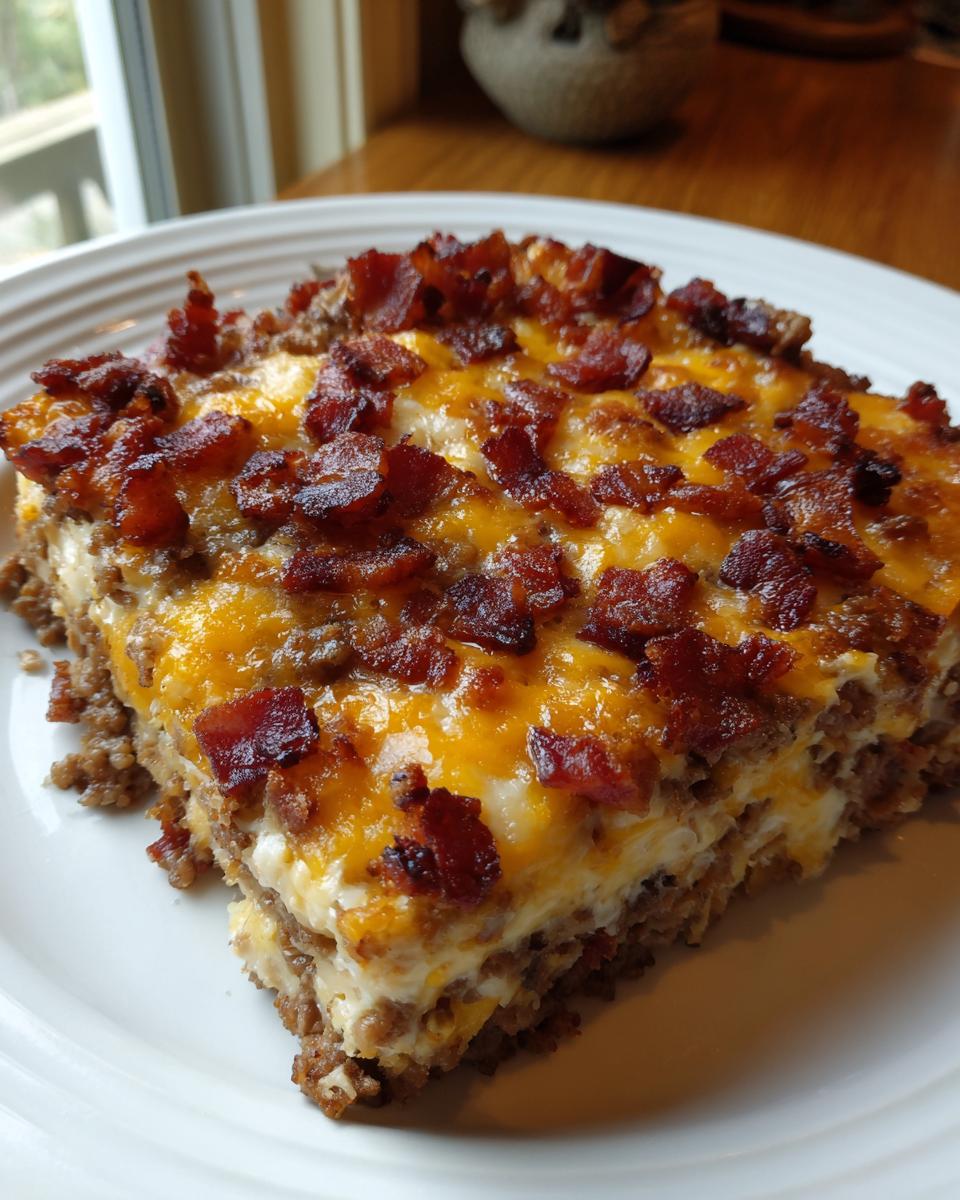 A square slice of rich bacon cheeseburger casserole topped with melted cheddar and crispy bacon bits.