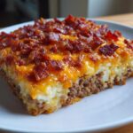 A square slice of bacon cheeseburger casserole showing layers of ground beef, creamy potato, melted cheddar, and crispy bacon bits.