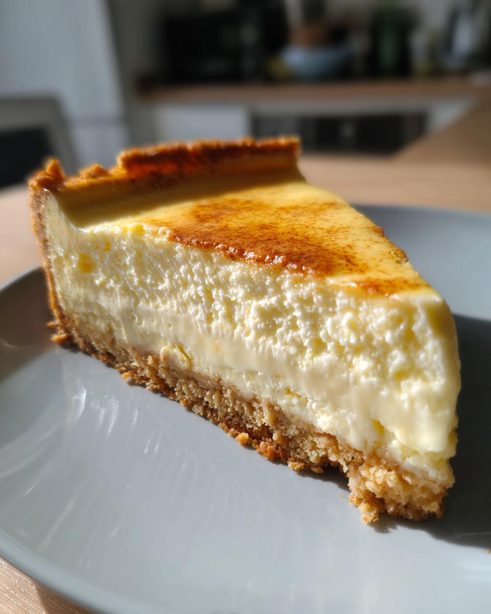Close-up of a thick slice of banana cream cheesecake with a graham cracker crust and caramelized top.