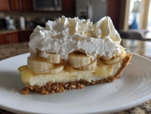 A perfect slice of banana cream pie recipe featuring a graham cracker crust, creamy filling, sliced bananas, and whipped cream topping.