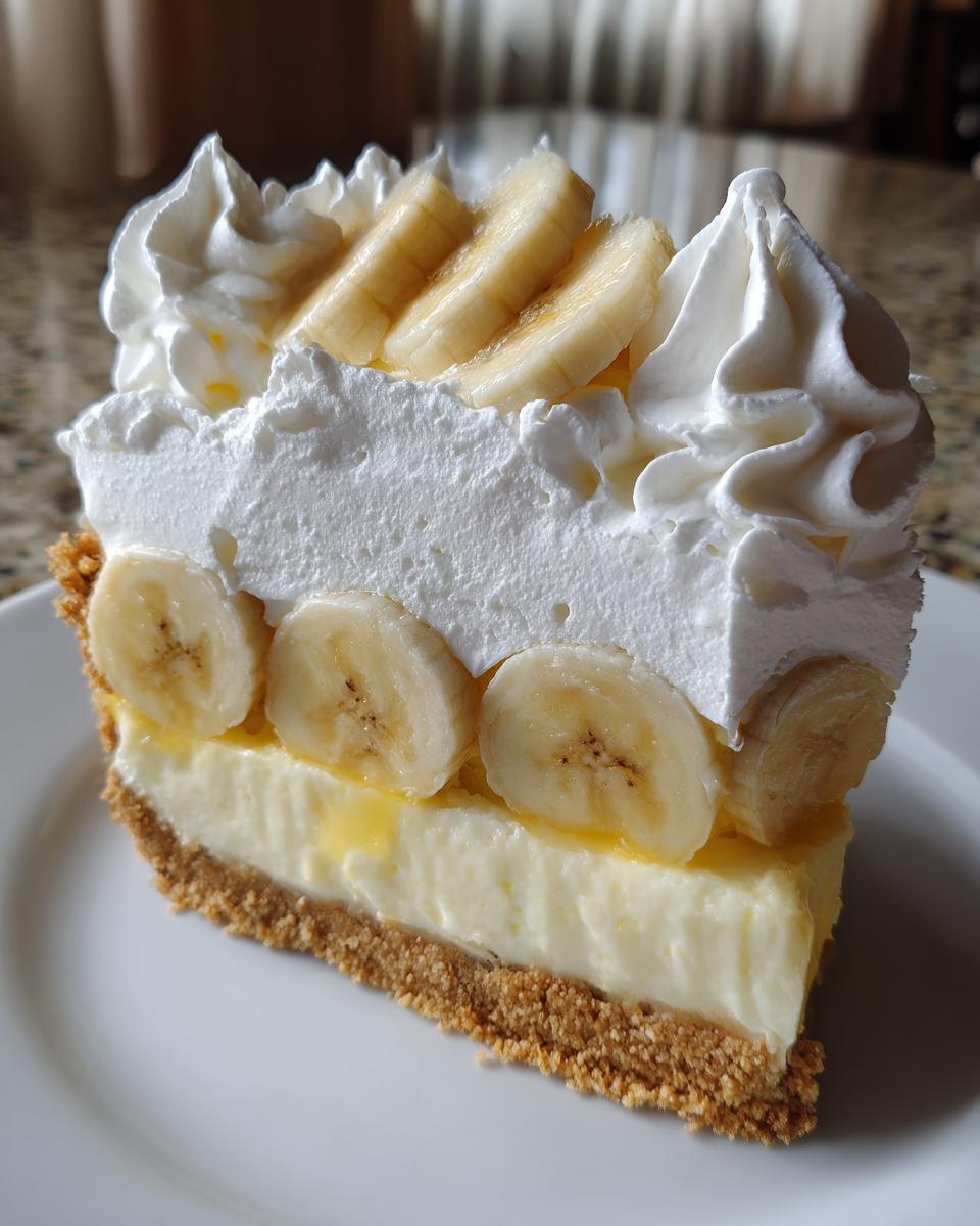 A tall slice of banana cream pie recipe featuring a graham cracker crust, creamy filling, fresh banana slices, and whipped cream topping.
