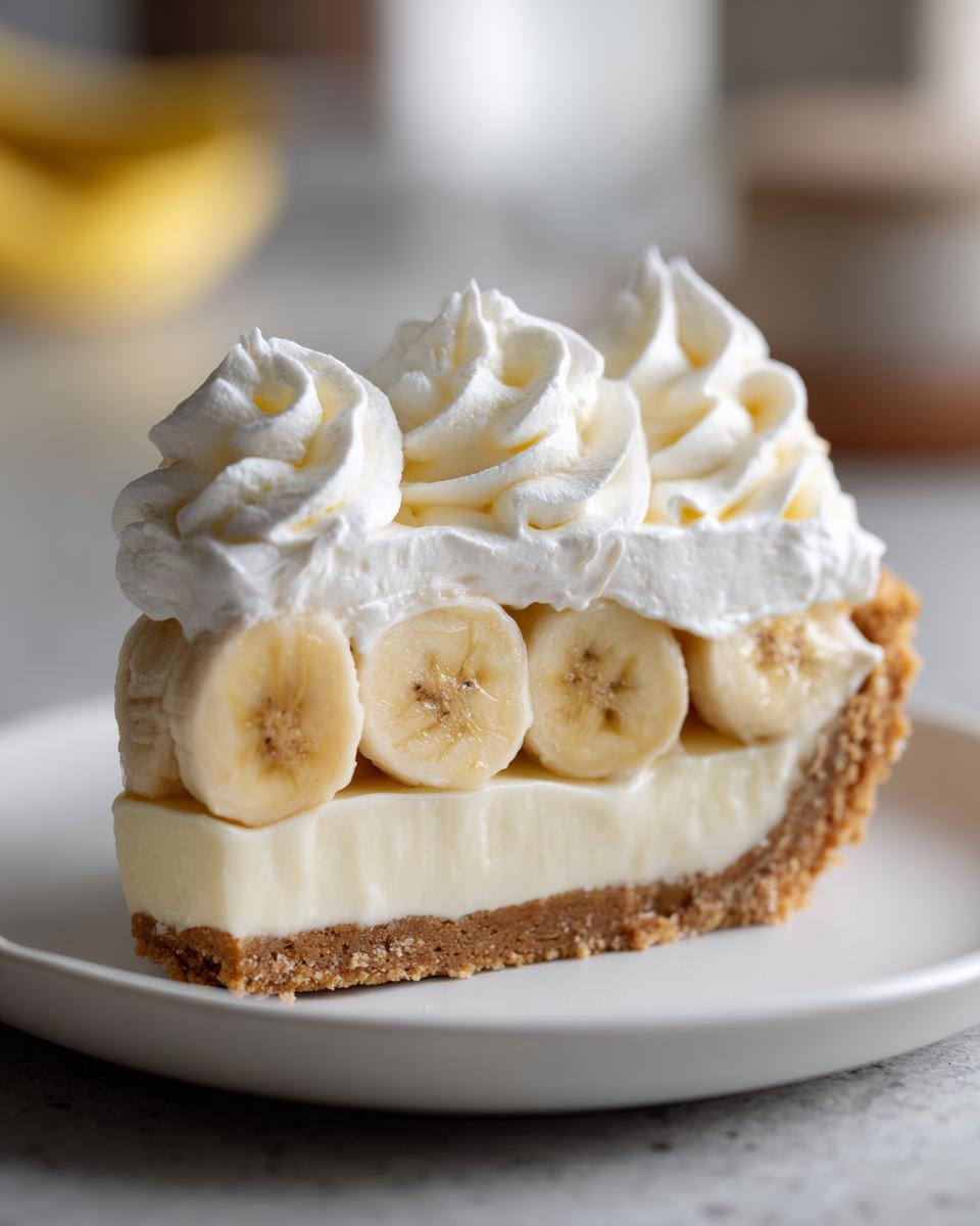 A perfect slice of banana cream pie recipe featuring a graham cracker crust, thick vanilla filling, sliced bananas, and piped whipped cream.