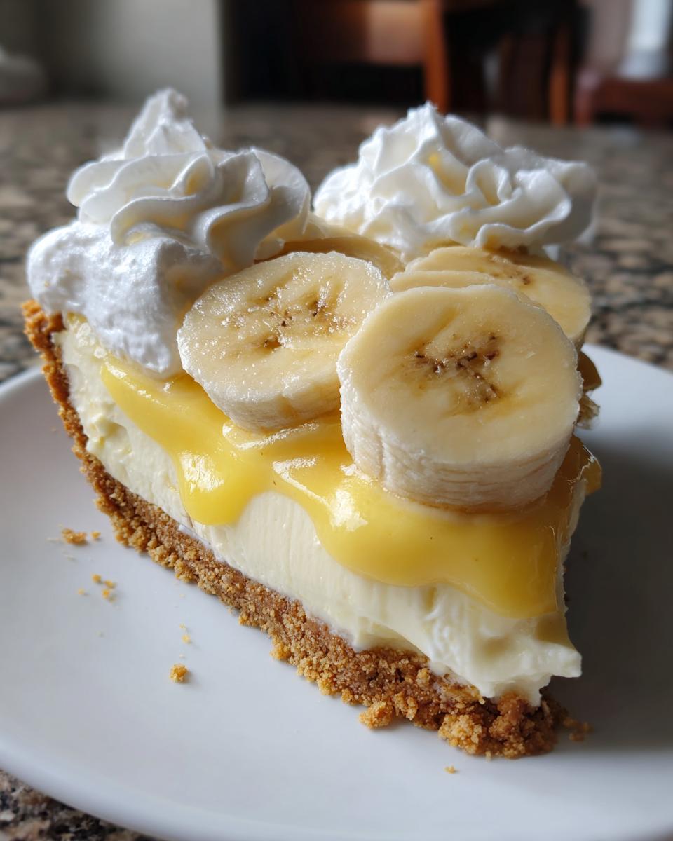 A perfect slice of banana cream pie recipe featuring a graham cracker crust, creamy filling, banana slices, and whipped cream.