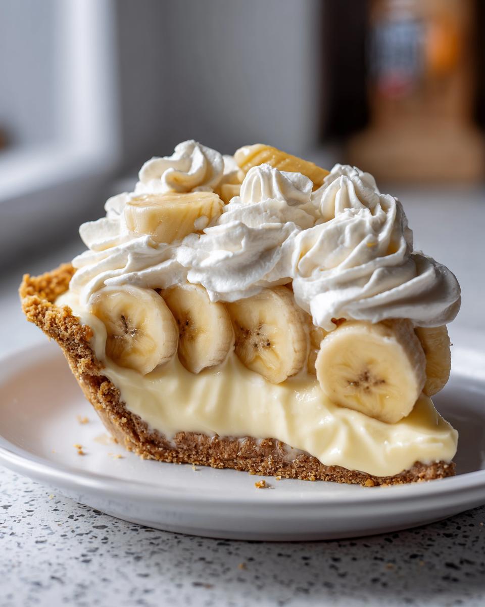 A decadent slice of banana cream pie recipe featuring a graham cracker crust, creamy filling, fresh banana slices, and whipped cream topping.