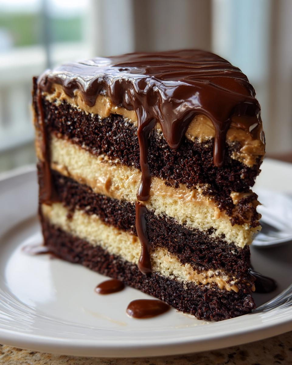 A tall slice of chocolate peanut butter cake layered with dark cake and peanut butter filling, topped with dripping chocolate ganache.