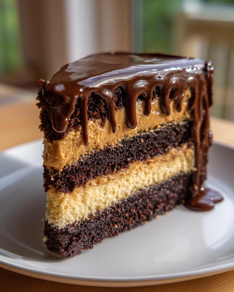 A tall slice of chocolate peanut butter cake featuring dark chocolate layers, peanut butter filling, and a rich chocolate ganache drip.