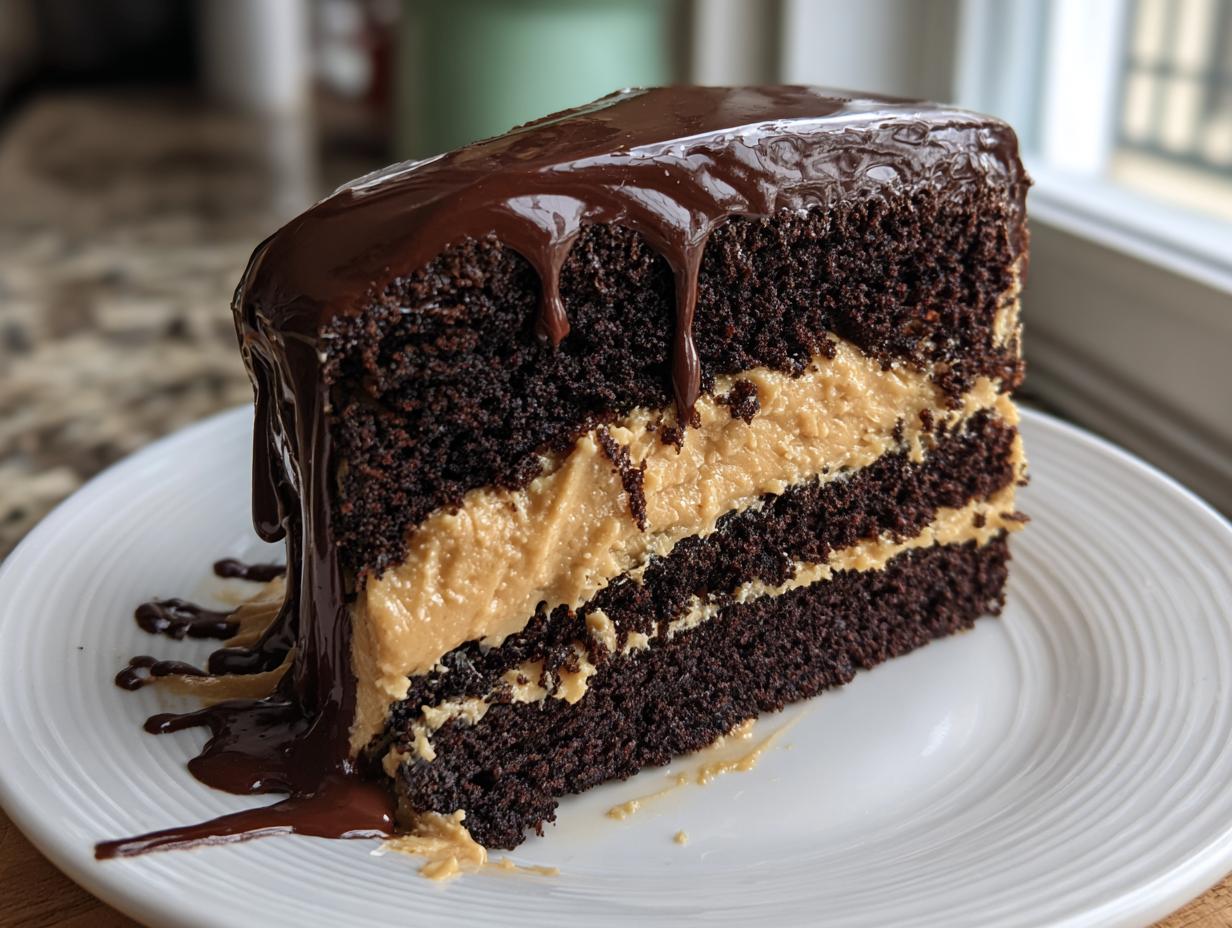 A decadent slice of chocolate peanut butter cake layered with peanut butter filling and topped with dripping chocolate ganache.