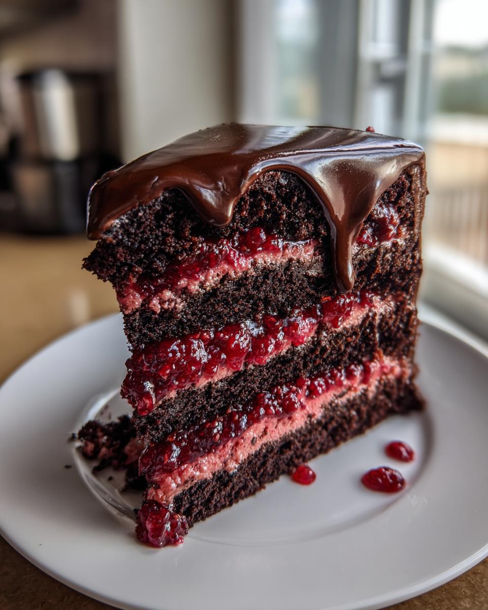 A tall slice of multi-layered chocolate raspberry cake topped with dripping dark chocolate ganache, served on a white plate.