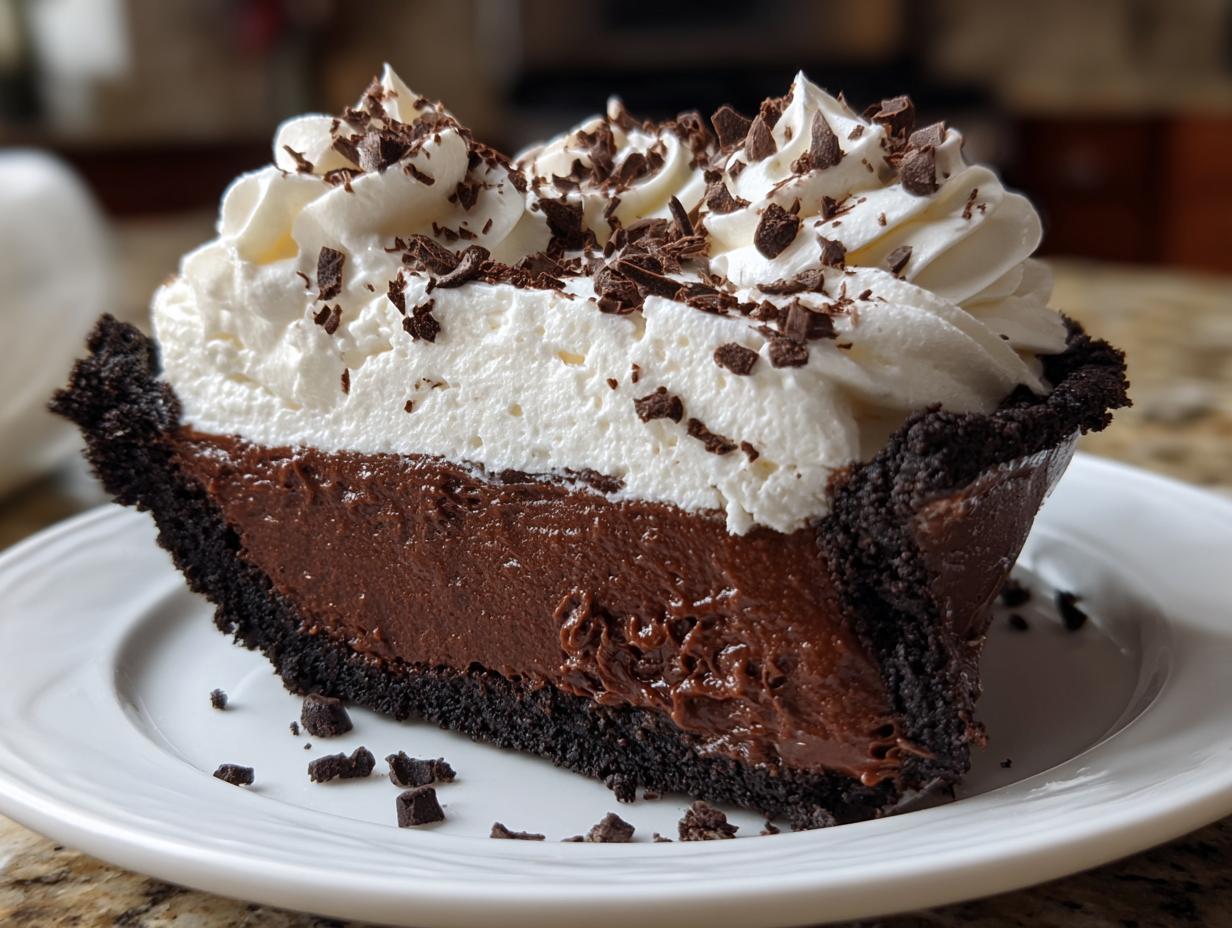 A decadent slice of Christmas chocolate cream pie featuring a dark crust, rich chocolate filling, and high peaks of whipped cream topped with chocolate shavings.