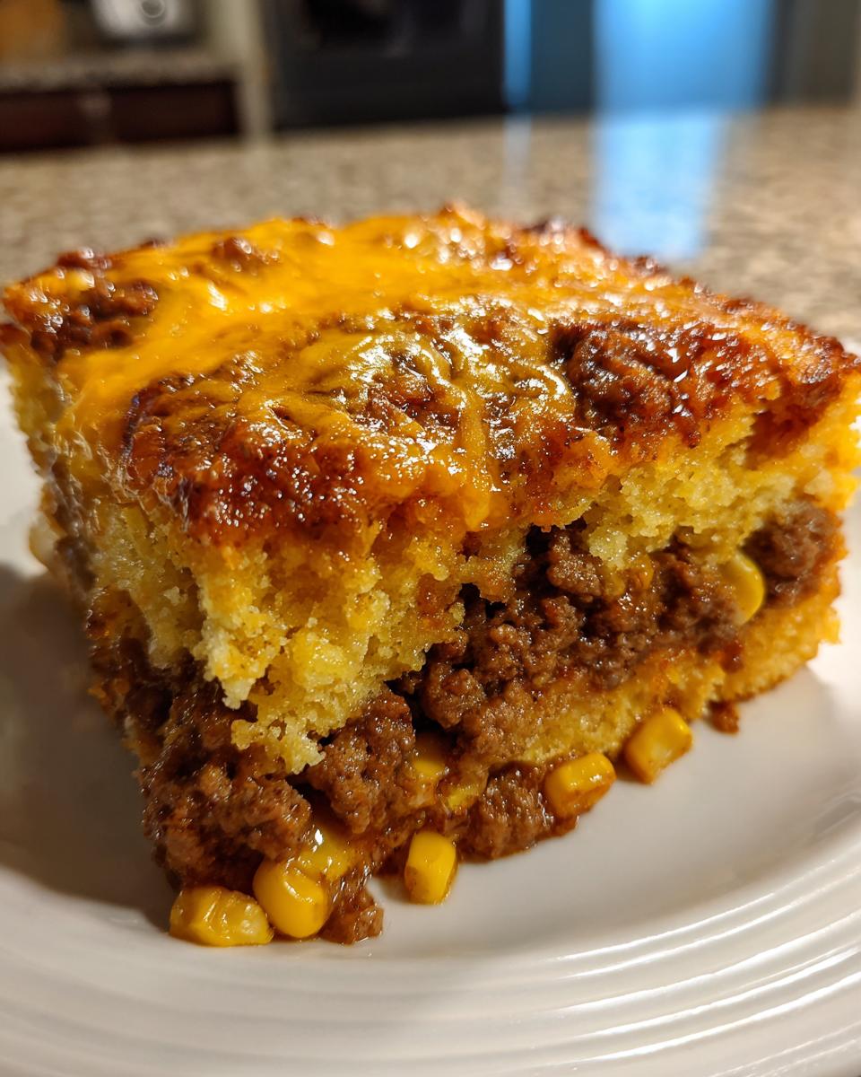 Close-up of a slice of cowboy cornbread casserole showing layers of seasoned ground beef, corn, and melted cheddar cheese topping.