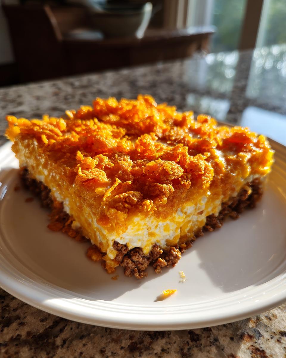 A square slice of Dorito Casserole featuring a ground meat base, creamy filling, and a bright orange, crunchy Dorito topping.