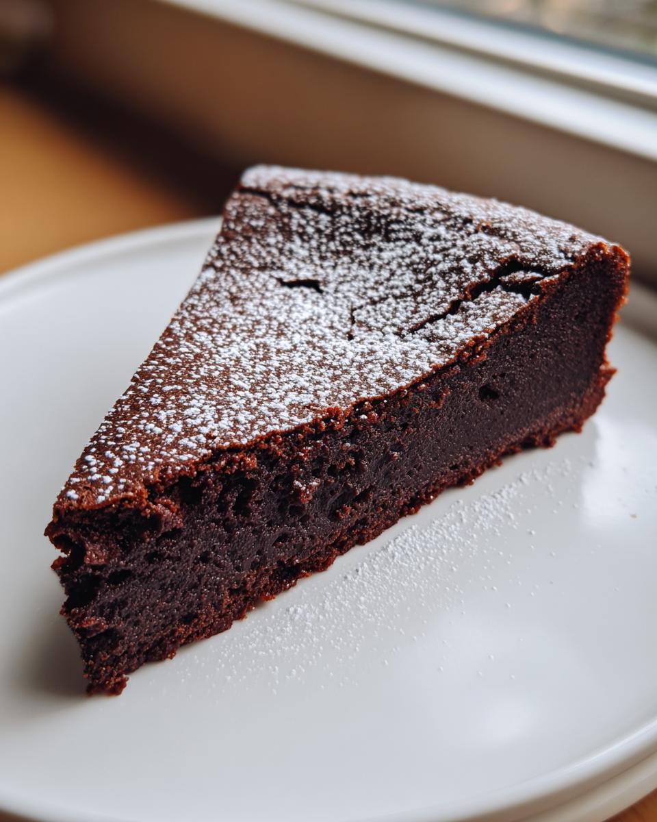 A triangular slice of dense, dark flourless chocolate torte dusted with powdered sugar on a white plate.