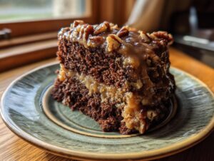 Close-up of a moist slice of german chocolate cake recipe topped with gooey coconut-pecan frosting.