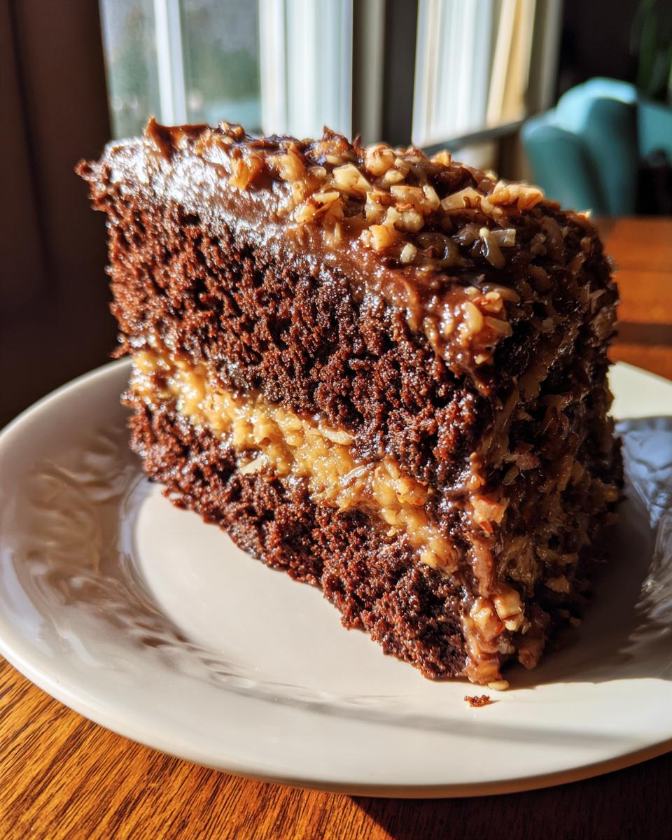 Close-up of a moist slice of german chocolate cake with coconut-pecan frosting layer.