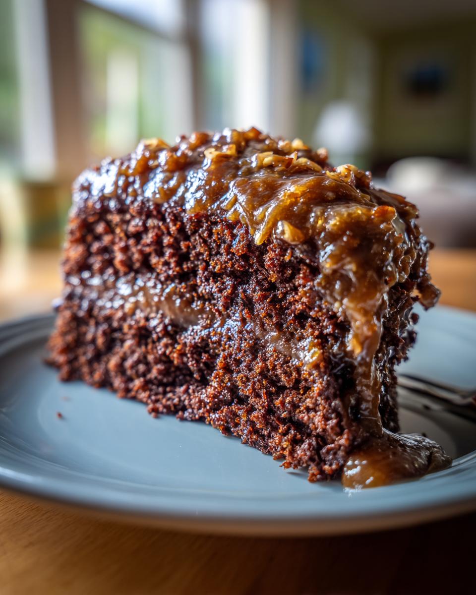 Close-up of a moist slice of german chocolate cake recipe topped with gooey coconut-pecan frosting.