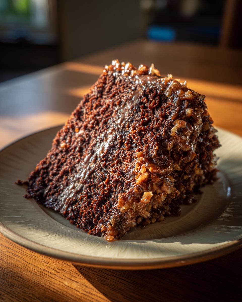 Close-up of a moist slice of german chocolate cake recipe topped with coconut pecan frosting.