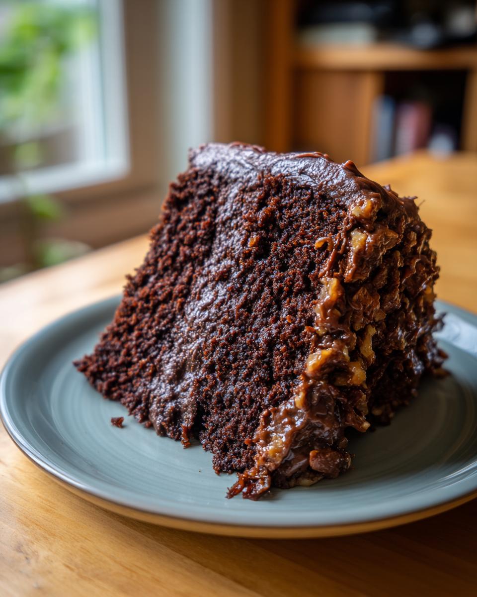 A close-up of a rich, dark slice of german chocolate cake recipe with pecan coconut frosting.