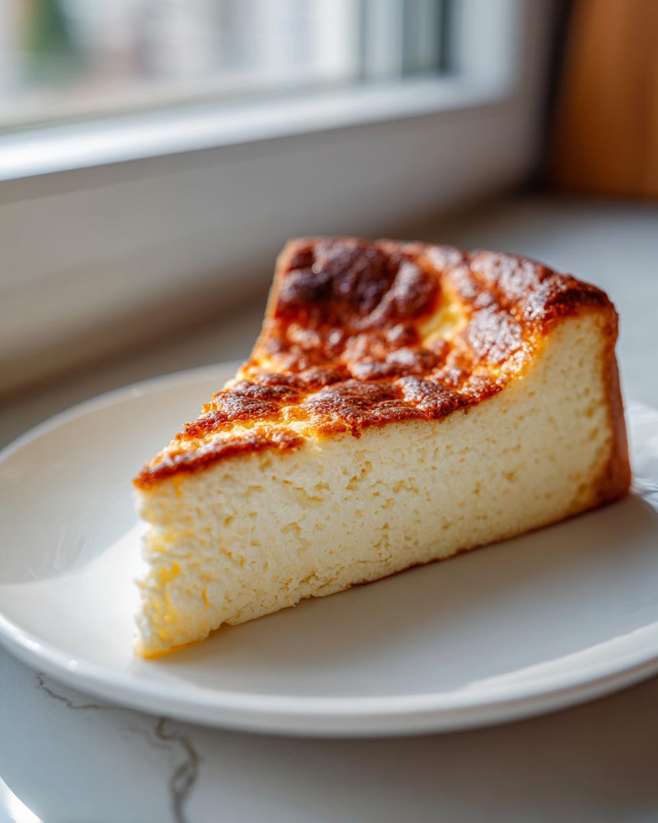 A triangular slice of Keto cheesecake with a deeply caramelized, slightly burnt top, served on a white plate.