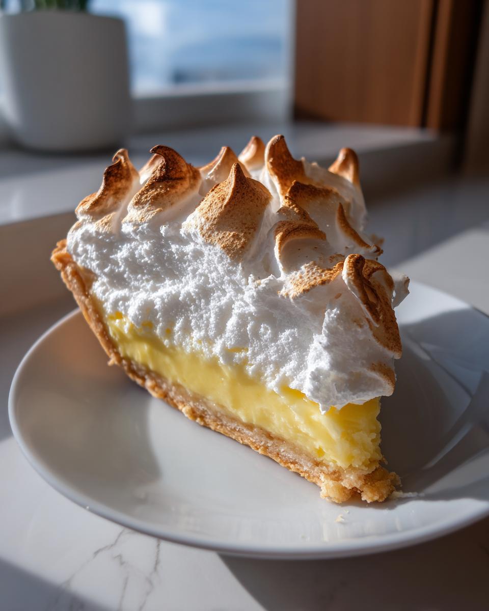 A close-up slice of lemon meringue pie showing thick yellow curd and tall, perfectly torched meringue peaks.