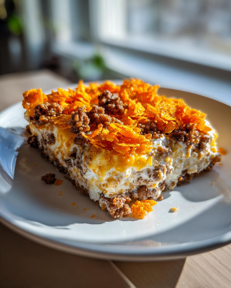 A close-up slice of creamy Dorito Casserole topped with seasoned ground beef and bright orange crushed Doritos.