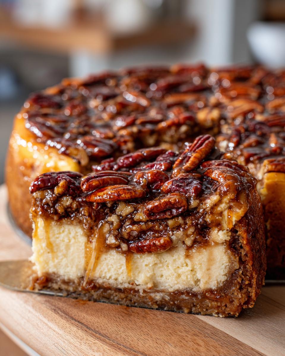 A slice of creamy pecan pie cheesecake being lifted from the whole dessert, showing the thick pecan topping.