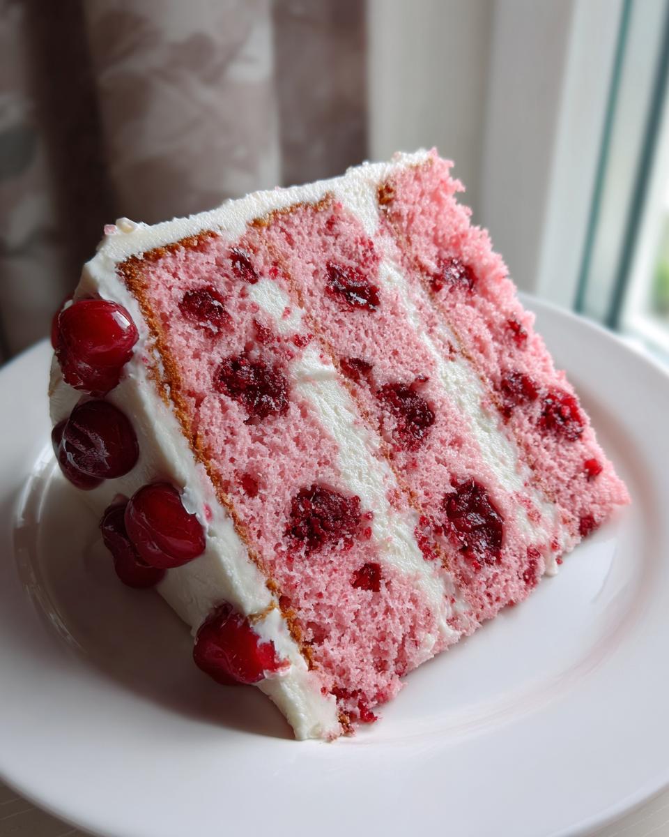 A tall slice of pink layer cherry cake with white frosting and whole cherries on the side, served on a white plate.