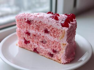 A generous slice of pink cherry cake with visible cherry pieces and pink frosting, served on a white plate.