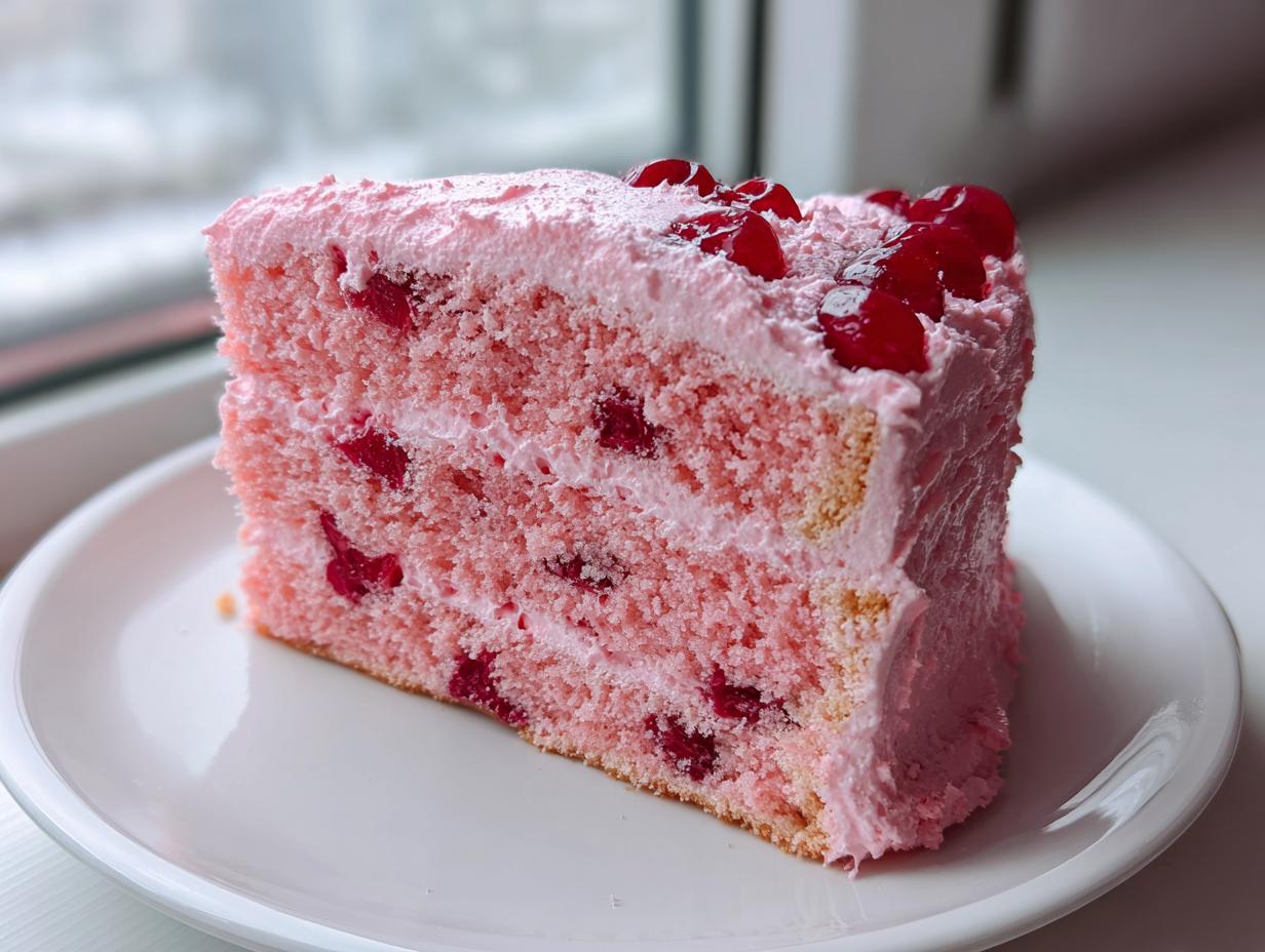 A generous slice of pink cherry cake with visible cherry pieces and pink frosting, served on a white plate.