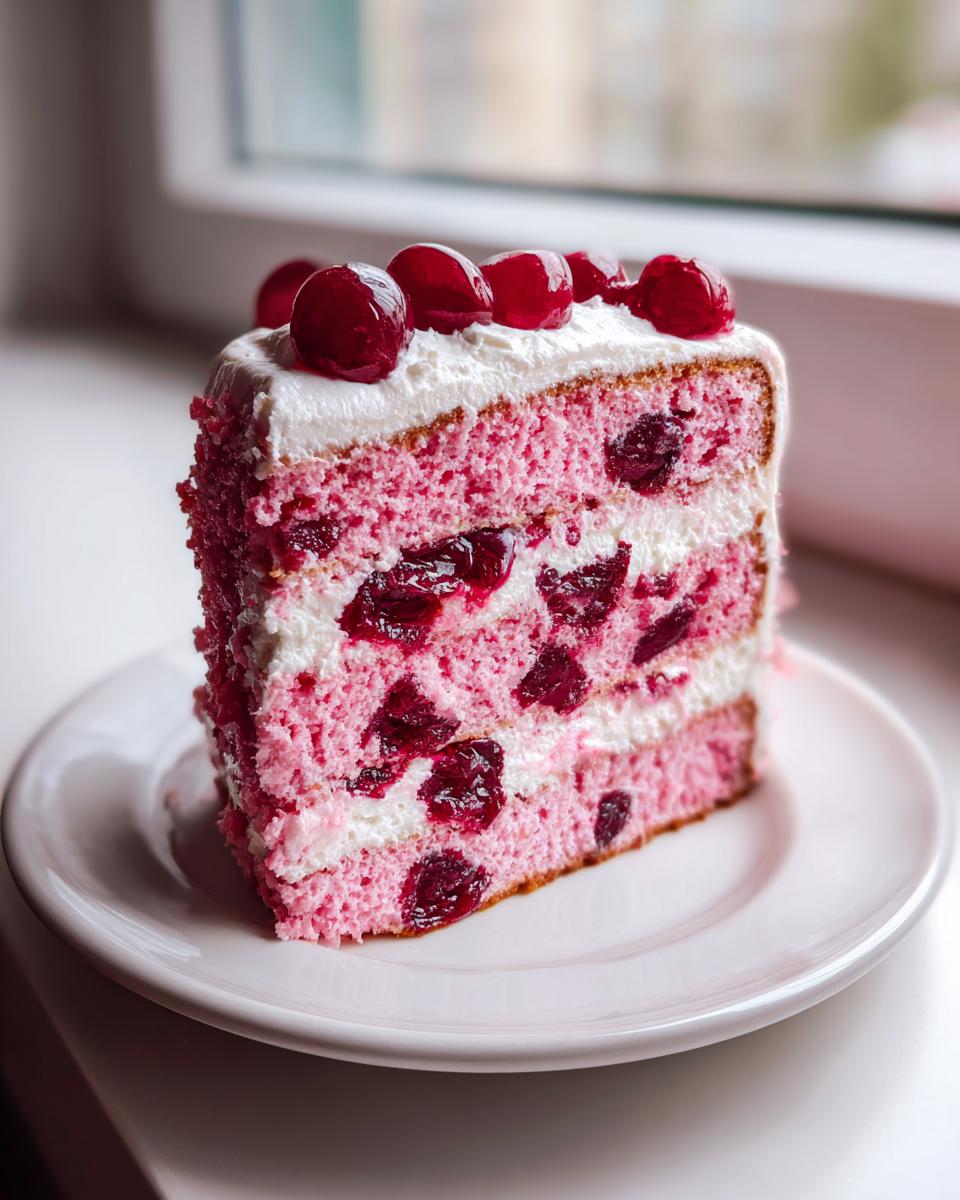 A tall slice of pink layer cherry cake filled with dark cherries and white cream, topped with fresh cherries.