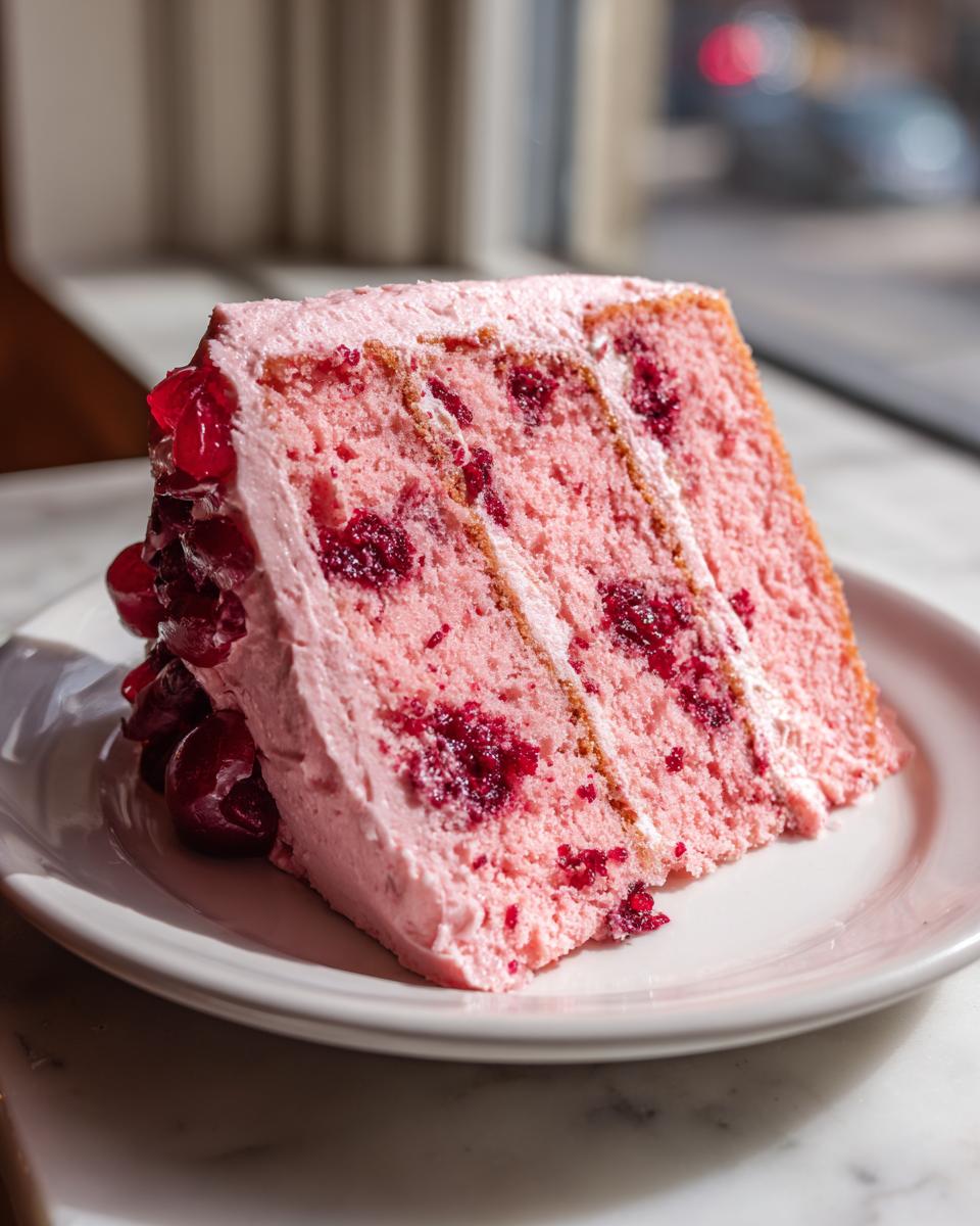 A tall slice of pink layer cherry cake with visible cherries baked in and topped with pink frosting and whole cherries.