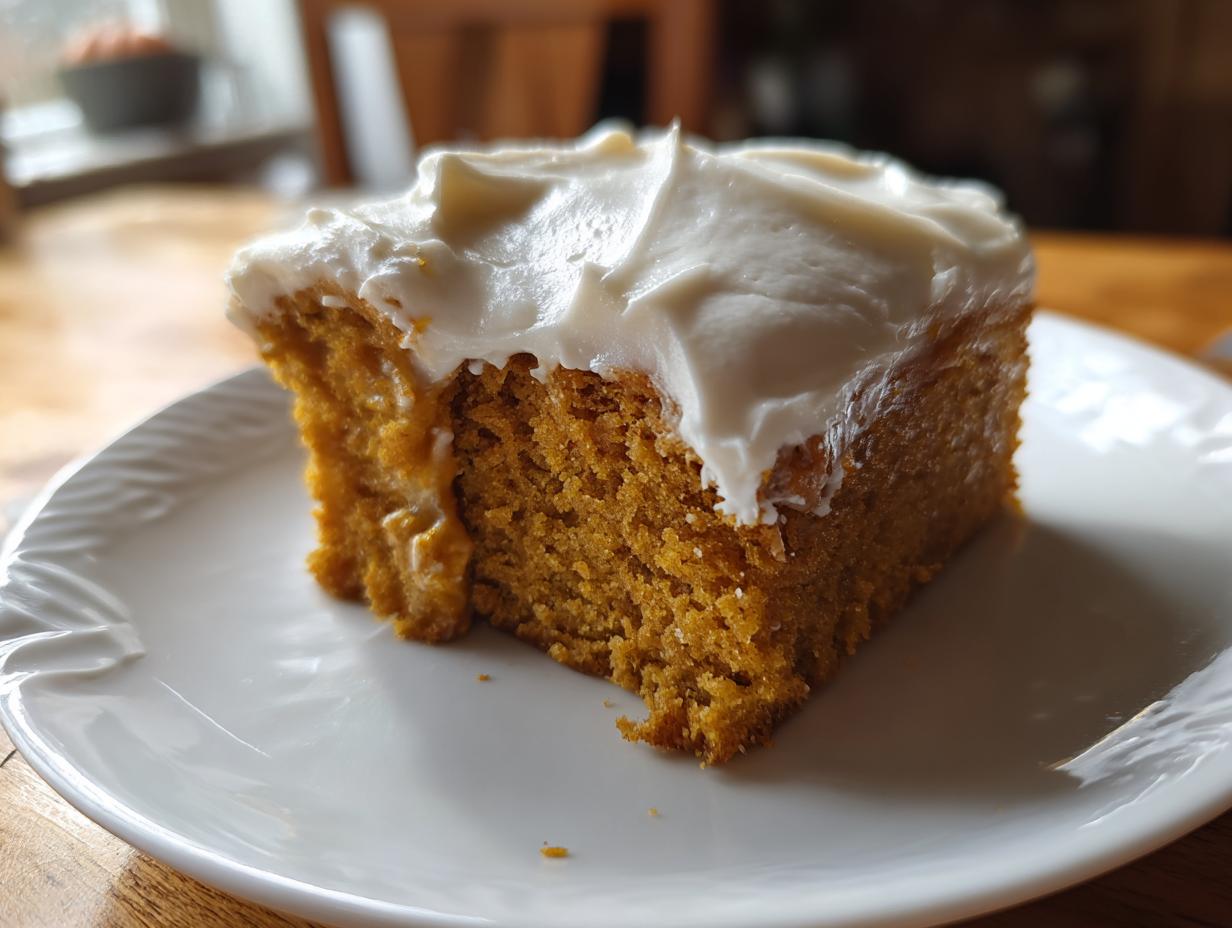 A close-up of a square slice of moist pumpkin poke cake topped with thick white cream cheese frosting on a white plate.