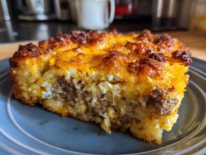 A close-up slice of tater tot breakfast casserole featuring crispy cheese topping, eggs, and sausage layers.