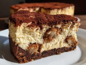 A thick slice of tiramisu cheesecake featuring a dark chocolate base, creamy filling with ladyfingers, and a heavy dusting of cocoa powder.