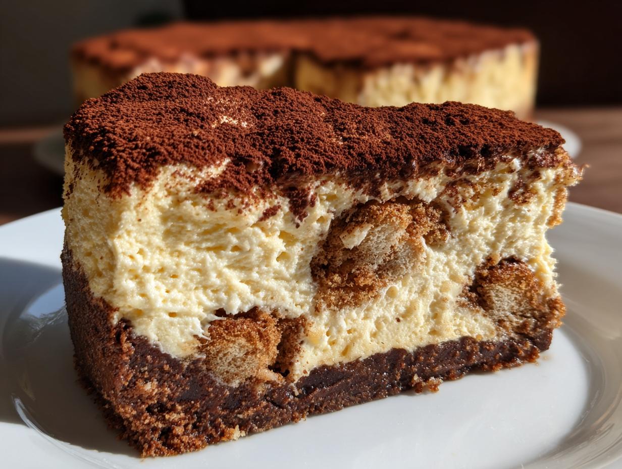 A thick slice of tiramisu cheesecake featuring a dark chocolate base, creamy filling with ladyfingers, and a heavy dusting of cocoa powder.