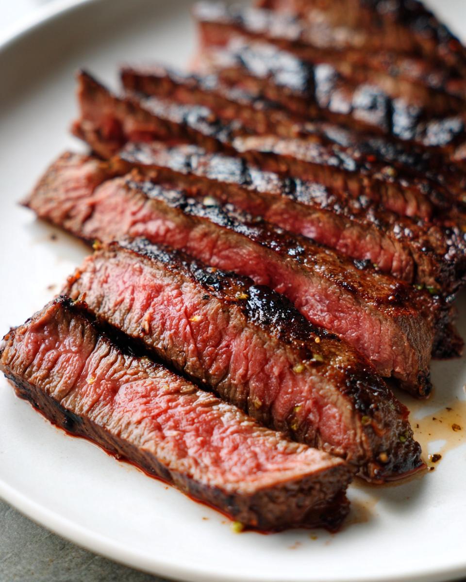 Close-up of medium-rare sliced steak, showing juicy red interior, prepared with carne asada marinade.