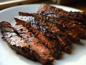 Close-up of medium-rare sliced steak showing grill marks, glazed with juices from the carne asada marinade.