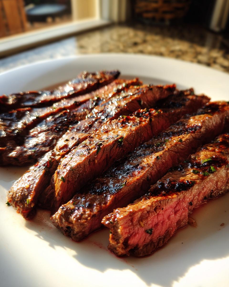 Close-up of medium-rare sliced steak, glistening from the carne asada marinade, resting on a white plate.