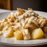 Close-up of shredded slow cooker garlic parmesan chicken served over chunks of potatoes, topped with grated cheese and herbs.
