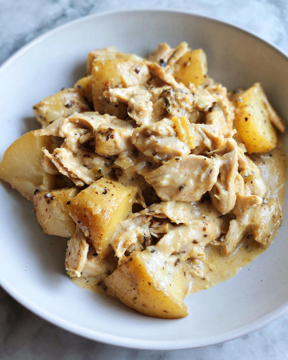 A close-up of shredded slow cooker garlic parmesan chicken mixed with large chunks of cooked potatoes in a creamy sauce.