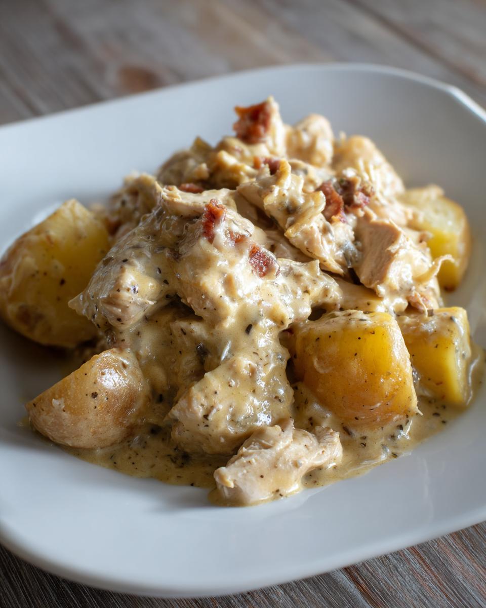 A close-up of slow cooker garlic parmesan chicken served over chunks of potato, covered in a creamy sauce and topped with bacon bits.