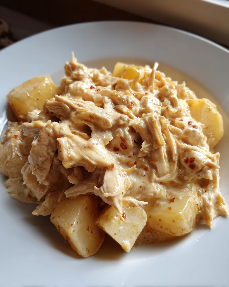 A close-up of shredded slow cooker garlic parmesan chicken mixed with chunks of potato served on a white plate.
