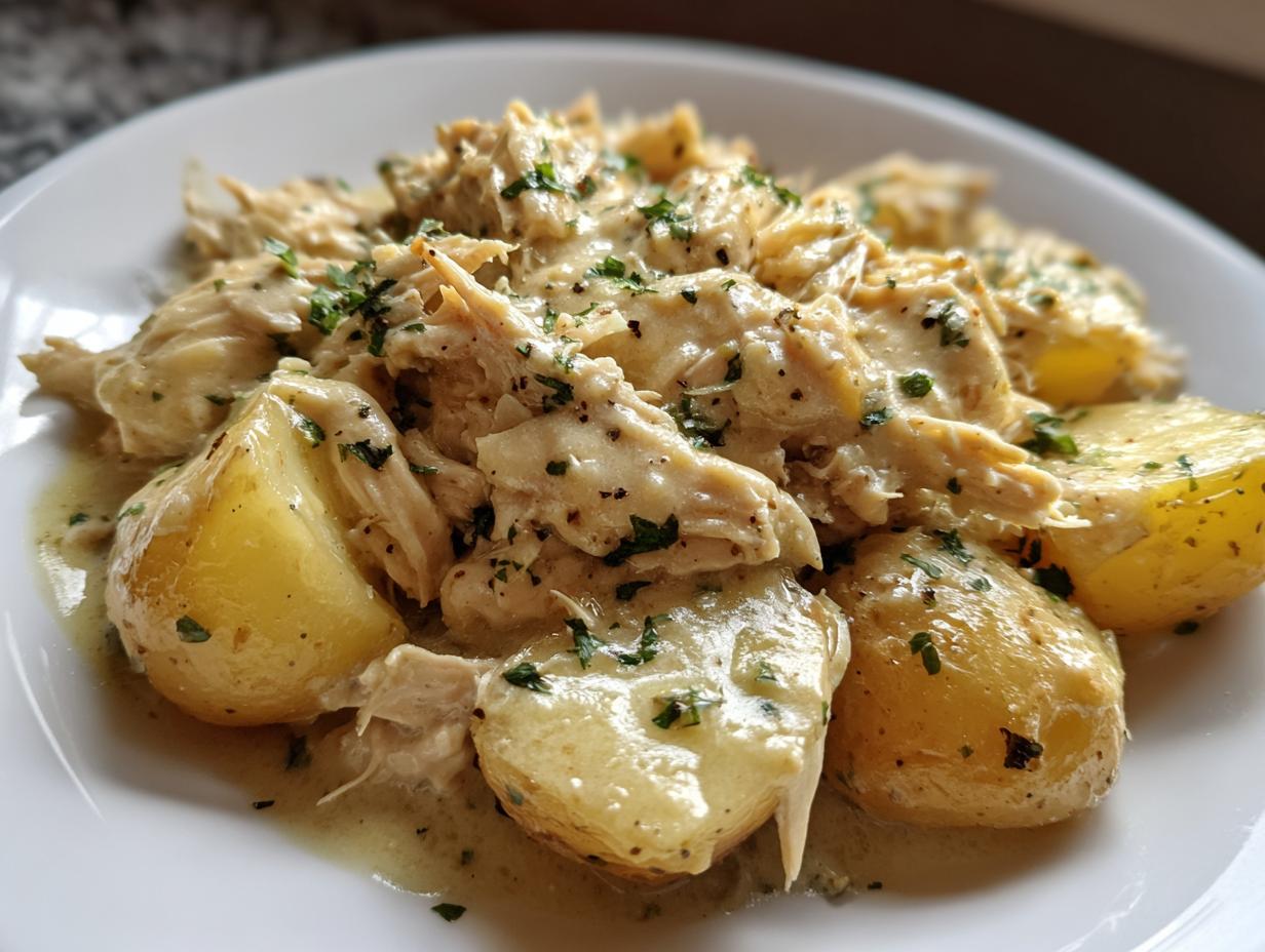 Shredded slow cooker garlic parmesan chicken served over tender, halved potatoes, topped with herbs.