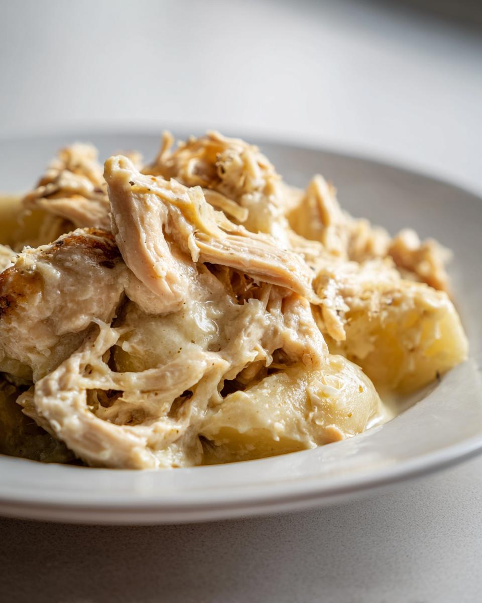 Close-up of shredded slow cooker garlic parmesan chicken served over what appears to be potatoes in a creamy white sauce.