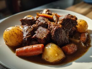 Close-up of tender chunks of slow cooker pot roast served with whole small potatoes and carrots in rich brown gravy.