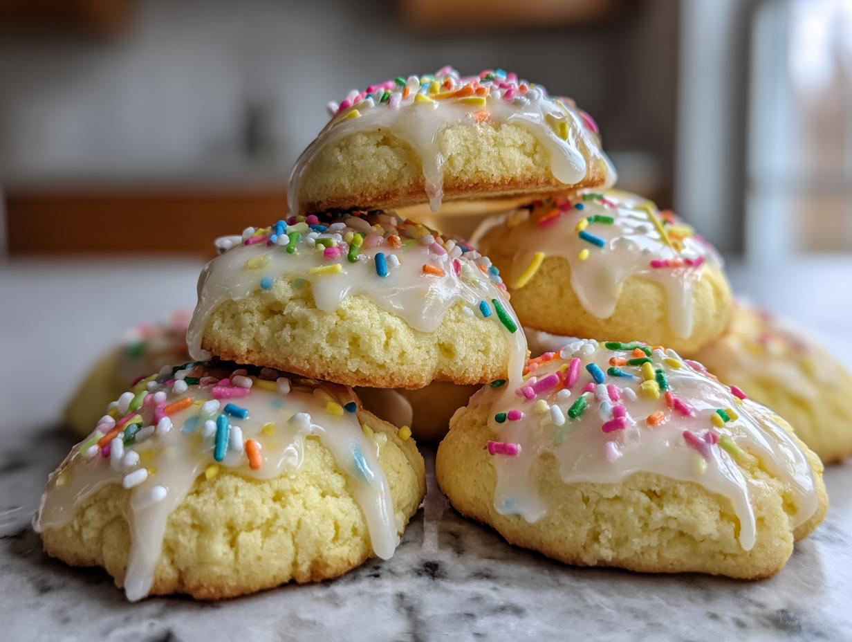A stack of soft italian ricotta cookies topped with white glaze icing and colorful rainbow sprinkles.